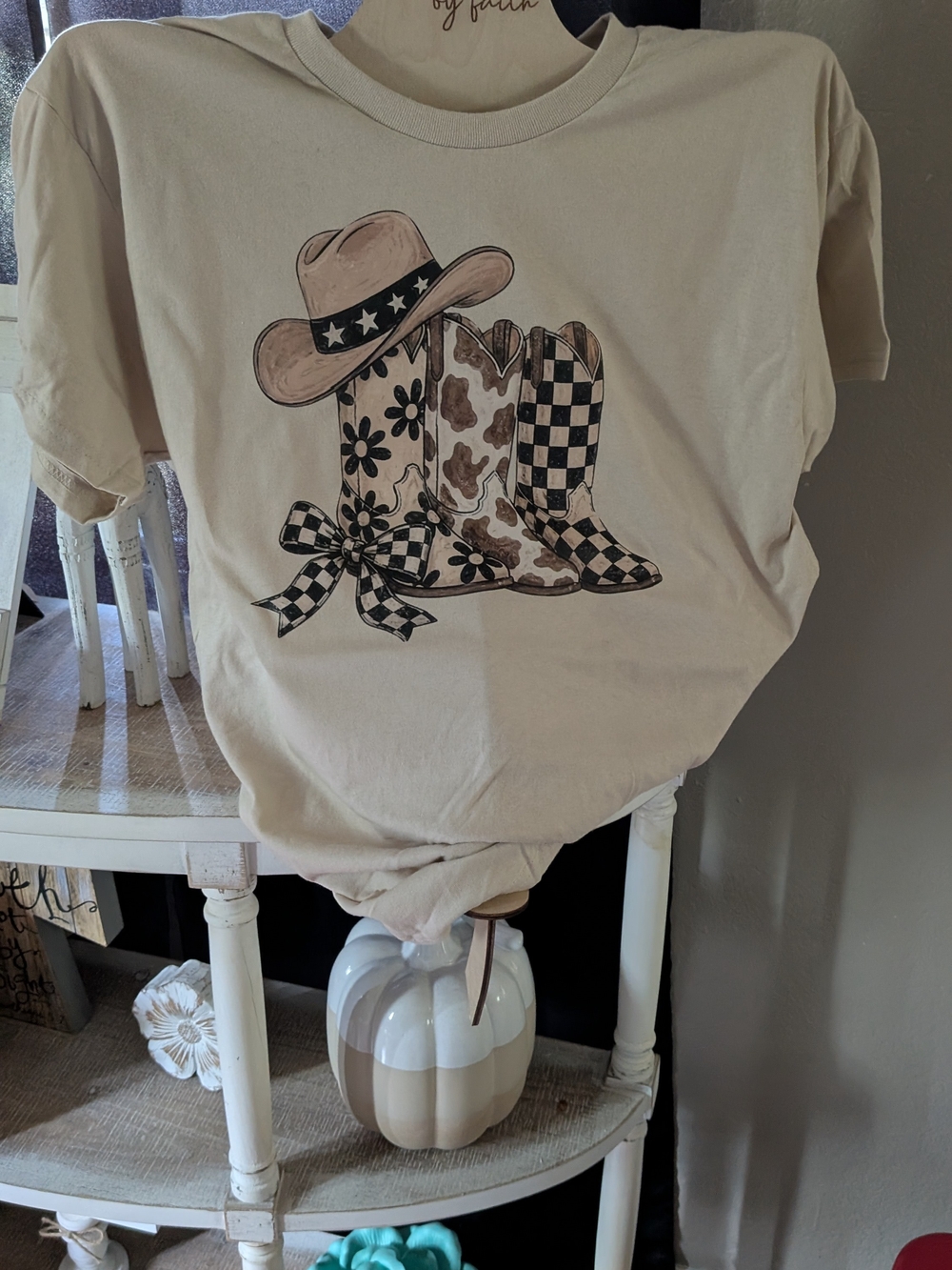 Gildan Beige Graphic Tee with Black and Brown Cowboy Boots